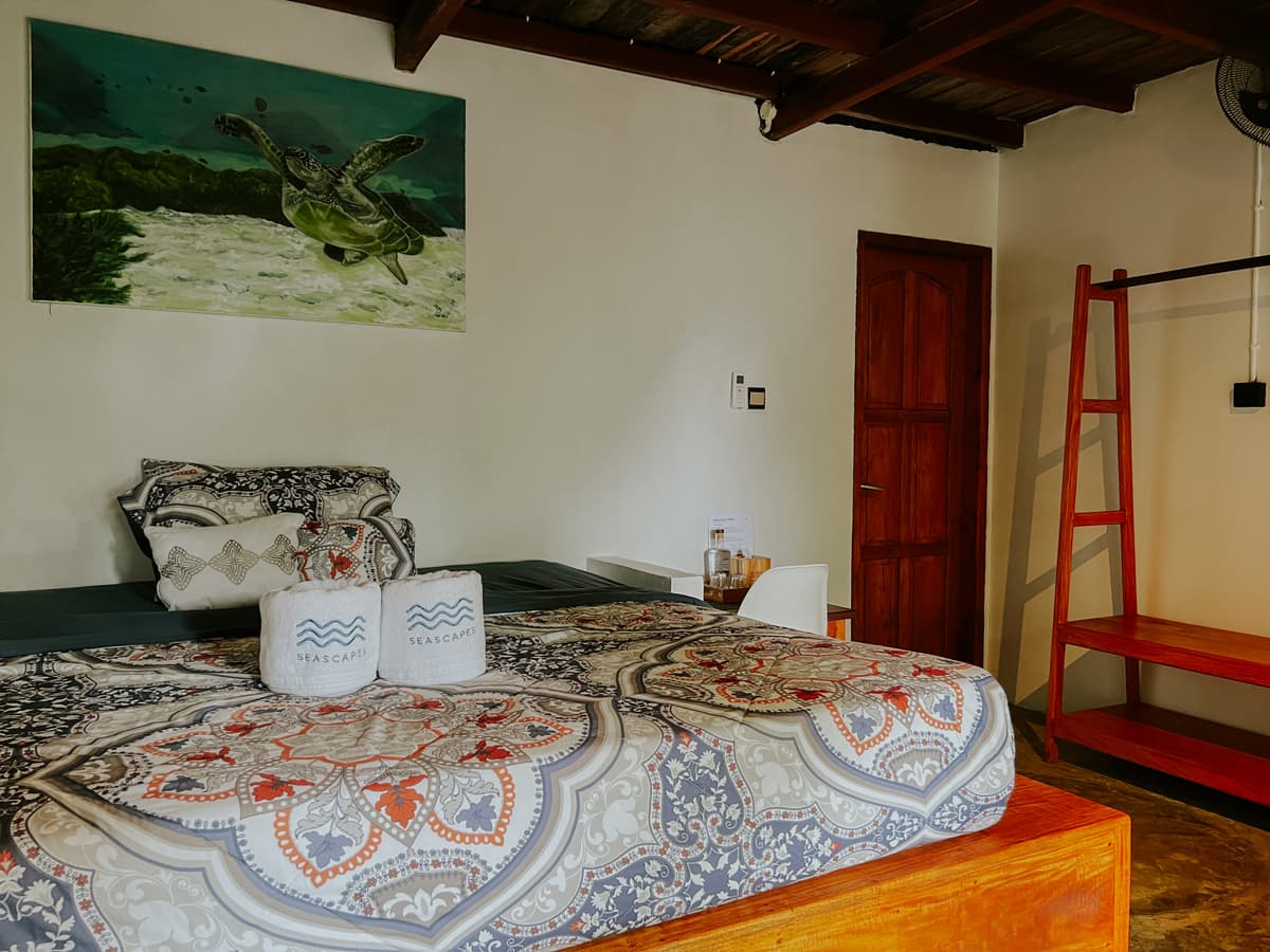 The upstairs Borneo bedroom with a turtle painting and a red clothes rail
